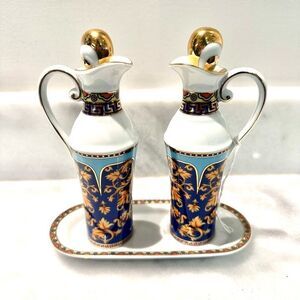 Vintage Signed  Limoges Casa Elite Bacchus Oil & Vinegar Cruet Set 2 Jars Bottle